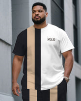Men's Plus Size Black & White & Khaki Colorblock Fashion Round Neck Short Sleeve T-Shirt Shorts Suit
